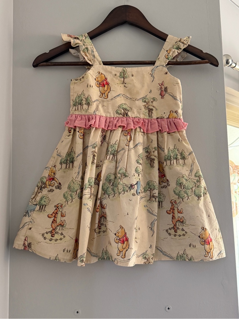 Disney 3T Cream Winnie the Pooh Print Dress with Pink Ruffle